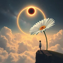 giant white daisy flower over head, girl standing on cliff, surreal photography, solar eclipse, milky way, dramatic light, impressionist painting, clouds, digital painting, artstation, james gilleard, liam wong, jeremy mann, simon stalenhag