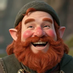 closeup portrait of a dwarven bard, happy, laughing, rosy cheeks, red beard, freckles, art by charlie bowater