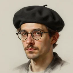 portrait of a male italian artist wearing a beret and glasses, intricate, elegant, highly detailed, digital painting, artstation, concept art, smooth, sharp focus, illustration, art by wlop, mars ravelo and greg rutkowski