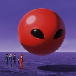 evangelion, red alien ball flies over purple sea, photorealistic by james gurney, michael komarck, greg rutkowski, victo ngai, artgerm, willem claesz heda and j. dickenson