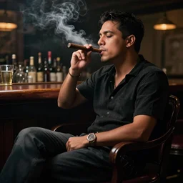guy smoking cigar, sitting on a chair, in a bar, dramatic lighting