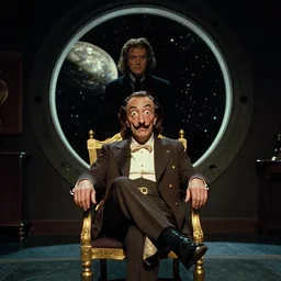 foreground : crazy magnificent emperor which looks like salvador dali sits on a gold chair in a dark room | background : a huge porthole in which space is visible | from the movie by alejandro jodorowsky with the cinematography of christopher doyle and art direction by hans giger, anamorphic lens, kodachrome, 8 k