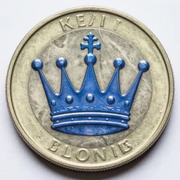 coin with a blue crown design on it , close up , focus , photograph , realistic , 4k , HD