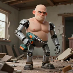 grumpy chunky bald handyman cyborg with electric drill! hands, in a wrecked home, full body, hyperrealistic digital art masterpiece, highly detailed neo pop surrealism, jason limon kay sage hannah yata, dramatic lighting, low angle, uhd 8 k, sharp focus