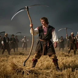man with scythe, medieval art, mowing of the hay, drmatic ligthing, traditional romanian clothes, woodstock festival