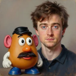 daniel radcliffe mixed with mr potato head, artgem, digital painting, color painting, hyperrealistic, concept art, oil painting, masterpiece, concept art, trending on deviantart, realistic and detailed face, highly detailed, high quality, 8 k, soft lighting, fancy colors, fantasy, cinematic, high coherence