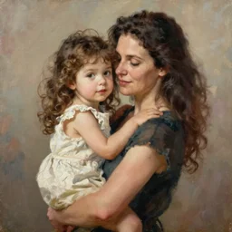 a mother holding her daughter with curly brown hair, beautiful painting by ilya kuvshinov and cushart krentz and gilleard james