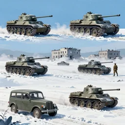 Concept art of random World War 2 cinematic scenes in winter, german and soviet soldiers, some tanks and buildings destroyed, blue sky, mist, boixcar style, matte painting, vaporwave vaporwave vaporwave watercolor cover art with warm and vibrant colors, volumetric light, oil on canvas art by Raoul Vitale, award-winning masterpiece with incredible and beautiful details digital art, trending on artstation, smooth, HD, 4K