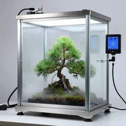 a plant incubator made of glass, stainless steel and precision instruments. there is mist inside and pine bonsai is inside, wires are inserted in the pine trees, a detection screens outside
