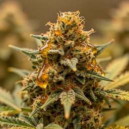 a portrait of dank sticky cannabis buds dripping in amber oil, cgi, highly detailed, warm color scheme, vibrant colors