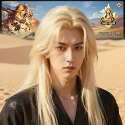 ( portrait of xianxia jungkook with long straight platinumm blonde hair, digital painting, artstation, concept art, sharp focus, illustration, art by greg rutkowski and alphonse mucha ), ( background is a screenshot of the desert by krenz cushart, pixiv contest winner, action painting, 2 d game art, official art, award - winning, art by studio ghibli, by chris moore, high details, afternoon overexposed sunlight, strong shadows )