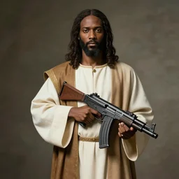 black communist jesus dressed in robes holding an automatic machine gun, photorealistic religious art, ultra highly detailed