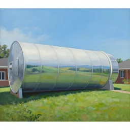 painting of a view from the lawn of a house in an o'neill cylinder, a kind of enormous cylindrical space station with landscape inside the cylinder. this view looks'up'at the other side of the cylinder.