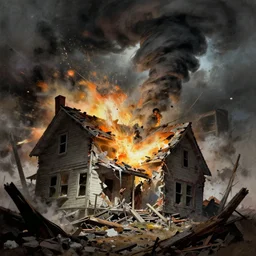 house being destroyed and blown away by tornado, frank frazetta, dramatic lighting, a giant man stans amongst the reble - n 9