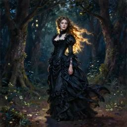 A beautiful victorian woman, night, gothic dress, flowing hair, oil painting, portrait, magical forest, , glow, dramatic lighting, dramatic light, masterpiece, high detail, long shadow, amazing composition, detailed, painted by Caspar David Friedrich