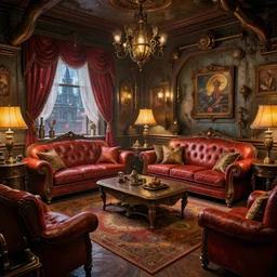 a beautiful insanely detailed matte painting of a steampunk living room, sharp, ray tracing, ambient occlusion, octane render, intense colors, by moebius, by greg rutkowski, by rossdraws