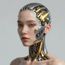 human 3 d by pantokrator, beautiful sexy woman head made of mech mask rendered in unreal engine, nanotechnology, golden cyberntic vessels coming from core processor, contrast, painted by david burliuk | bernard buffet | carne griffiths | stanislaw lem