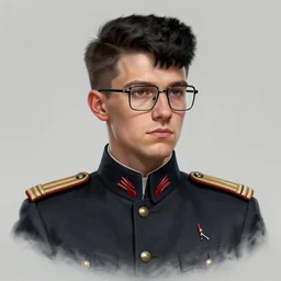 hearts of iron 4 leader portrait of a young man with black square haircut that goes down with square glasses, ww 2 conductor uniform, democratic, trending on artstation, highly detailed, character portrait, ylva ljungqvist, custom portraits, paradox interactive