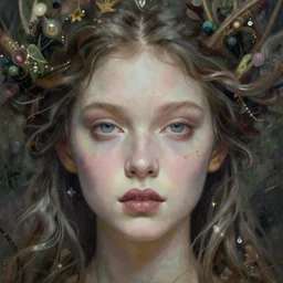 portrait of beautiful nature goddess, unusual beauty, esoteric, muted colors, head in focus, fantasy art, nature aesthetics, intricate, elegant, highly detailed hyperrealistic painting, artstation, concept art, painterly, sharp focus, illustration, art by emilia elfe