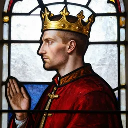 side - view portrait of a stern man, wears a simple golden crown, buzzcut, stubble, red coat, 1 0 th century stained glass window, very masterful, royal, backlit