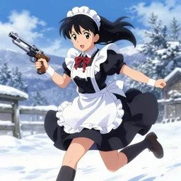 portrait of anime maid maid dress with gun in hands running winter, anatomically correct!! by greg rutkowski, key visual, kyoto animation, makoto shinkai, studio ghibli kushart krenz pixiv, sharp, detailed, high quality, award winning trending on artstation