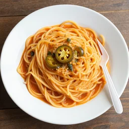 spaghetti containing jalapeno peppers inside, plastic fork aside it