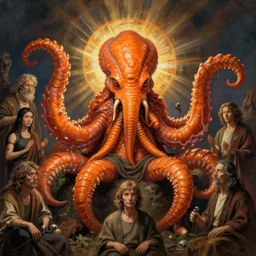 religious zoological portrait of orange cthulhu by kuldar leement and ruan jia and brad rigney and micha karcz and brad rigney