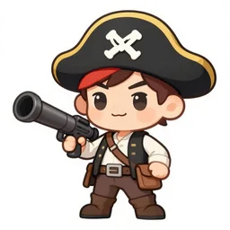 little man with a pirate hat holds a bazooka, chibi, game character design