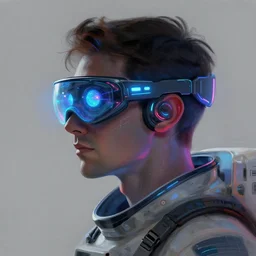 sillouete side view future coder man, stylized cyclops display over eyes and sleek glowing headset, neon accents, holographic colors, desaturated headshot portrait digital painting by donato giancola, rossdraws, ivan bilibin, john berkey, astronaut cyberpunk electric lights profile