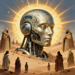 a illustration of a large head of a cyborg half buried in the desert, little people watching, sacred, peoples withs large cloaks, fine art, intrincate, by moebius, jean giraud & kilian eng