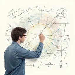 an abstract visual of a man solving a complicated math problem