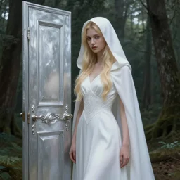 portrait of the goddess of memory standing next to a silver door in a forest, white hood, white dress, blonde, fantasy, magical, spiritual, detailed and intricate, elegant, highly detailed, digital painting, trending on artstation, by wlop, 4 k octane render
