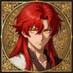 portrait of hisoka morow hunter hunter, male, sharp jaw yellow eyes narrow eyes red hair crimson medium length hair, anime, fantasy, intricate, elegant, highly detailed, digital painting, artstation, concept art, matte, sharp focus, illustration, art by artgerm and greg rutkowski and alphonse mucha