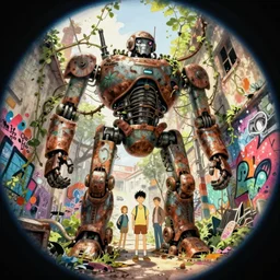 wholesome animation key shot, fish eye lens, intricate, standing under the rusty robot schwerer gustav!!!!, vines, abandoned, backlit, bold graffiti!!!!!, street art, mural, paint splatter, ambient occlusion, studio ghibli, pixar, disney concept art watercolor illustration by craig mullins, dean cornwell, nc wyeth, satoshi kon!