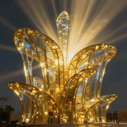 Golden organic structures, shining lights, god rays, glass structures by  zaha hadid
