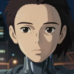 a film portrait of a cyborg woman, finely detailed features, closeup at the face, sharp focus, aesthetically pleasing art, perfect face, night time city background, cinematic lighting, highly detailed, intricate, smooth, anime!! artstation, trending on pixiv fanbox, painted by greg rutkowski, studio ghibli, yoji shinkawa, hayao miyazaki,