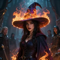 A beautiful dark magician women wearing a large witches hat covered in colorful flames by Greg Rutkowski, Sung Choi, Mitchell Mohrhauser, Maciej Kuciara, Johnson Ting, Maxim Verehin, Peter Konig, mythical, 8k photorealistic, cinematic lighting, HD, high details, atmospheric,