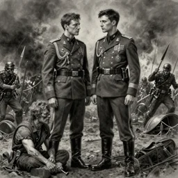 portrait of adam driver helping a wounded john oliver, standing together, stoic, full body, military uniform, battle, war, fantasy, intricate, elegant, beautiful, highly detailed, charcoal, centered, dark, smokey, digital painting, artstation, concept art, smooth, sharp focus, illustration, art by artgerm and greg rutkowski and alphonse mucha