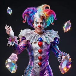a hyperdimensional jester, tom cruise, neon rainbow quartz, gemstone, 4k detailed hyperrealistic digital photo by Andy Thomas, Mario Martinez, Daniel Mirante, Gustave Dore, Artstation, CGsociety