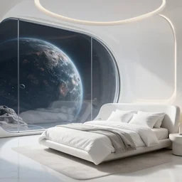 infinitely detailed hd photo of a white futuristic bedroom, with a huge glass window overlooking an alien planet by jung yeon min, design, concept art