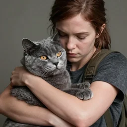Ellie from the Last of Us hugging a British blue shorthair cat, closeup of arms, digital portrait by Greg Rutkowski, intricate, sharp focus, cinematic, epic, artstation
