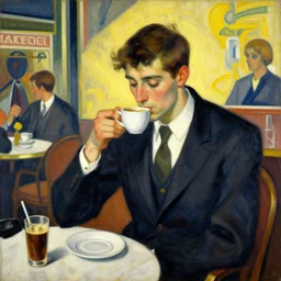 man sipping coffee in a french cafe, futurist, 1 9 1 3, italian, aeropittura, dynamism