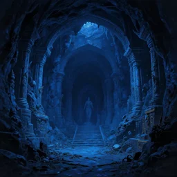 Mythic underground caverns. Dark blue color scheme. Deep underground. Arcane ancient architecture among the path. Art by James C. Christensen, James Gurney, Andreas Rocha, Barclay Shaw, Thomas Cole, Antoine Blanchard, Gilbert Williams, Christophe Vacher, Studio Ghibli.