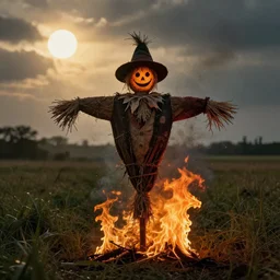 a scarecrow is in flames. the sun has a face and is laughing. a field. gothic