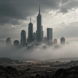 skyline of a quiet desolate organic futuristic cyberpunk city in the distance, heavy fog, zdzislaw beksinski, wayne barlowe