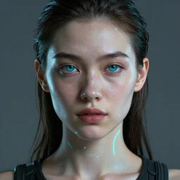 a beautiful portrait of a cyberpunk female, detailed, realistic eyes, symmetry body features proportions, bioluminescence, award winning, by Tom Bagshaw