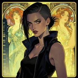 cyberpunk woman in a city, high detail, crisp shading, in the style of greg rutkowski and alphonse mucha and andree wallin, half body portrait
