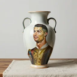 beautiful studio photograph of a ceramics display with a portrait of cristiano ronaldo painted by hans holbein painted onto a tall angular stoneware vase with handles placed on a tablecloth on a wooden table, hyperrealism 8 k trending on artstation