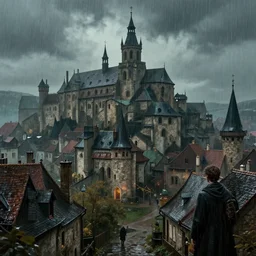 an old medieval city with rainy atmosphere and moody and cinematic lighting by alphonse mucha, simon stalenhag and darek zabrocki, cinematic and atmospheric, concept art, artstation, trending on artstation