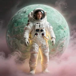 extremely beautiful woman space astronaut on a jade green planet surrounded by pink mist, full body, soft light, golden glow, diffuse lighting, fantasy, intricate, surrealism!!!!, highly detailed, lifelike, photorealistic, digital painting, artstation, illustration, concept art, smooth, sharp focus, by greg rutkowski, chris tulloch mccabe, valentina remenar and